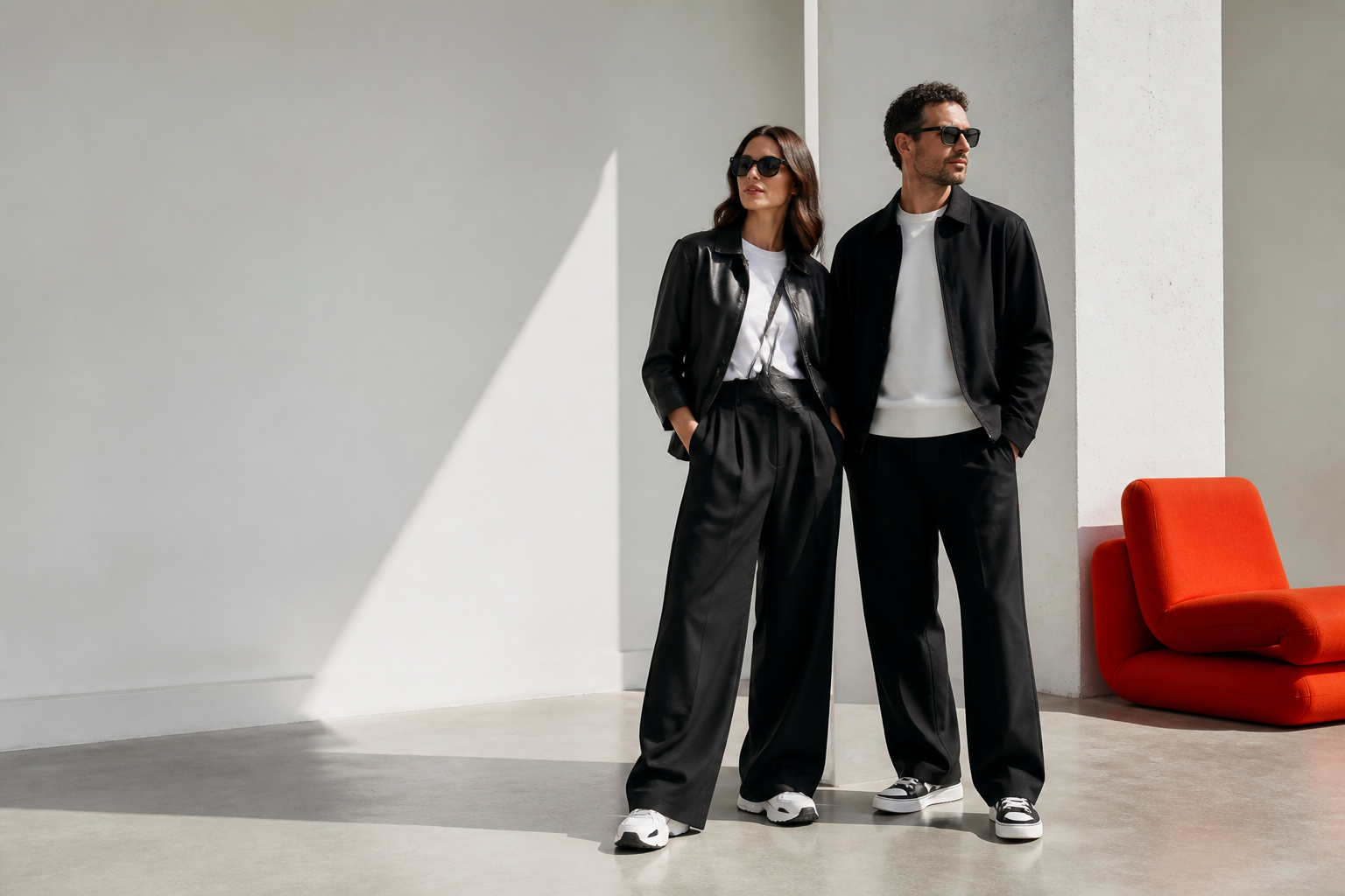 Zwei erwachsene Models präsentieren Bekleidung und Nachtwäsche